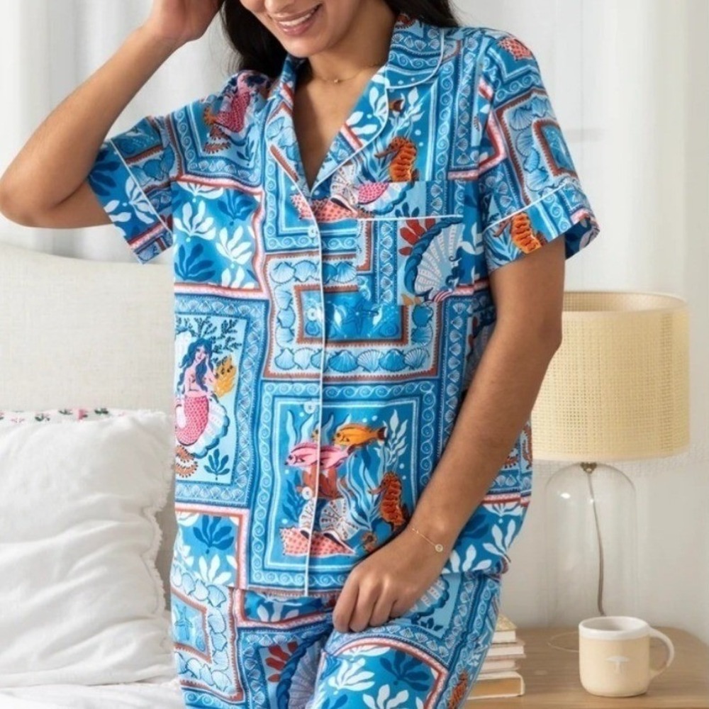Printfresh Pajama Set Women Small Blue Short Sleeve Crop Whimsical Mermaidcore